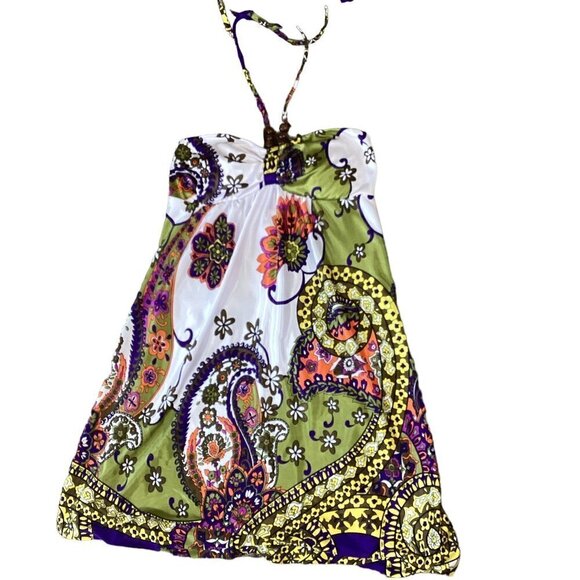 Ruby Rox Halter Dress Sz S Satin Floral Paisley Wood Bead Accent 264C - Picture 2 of 8